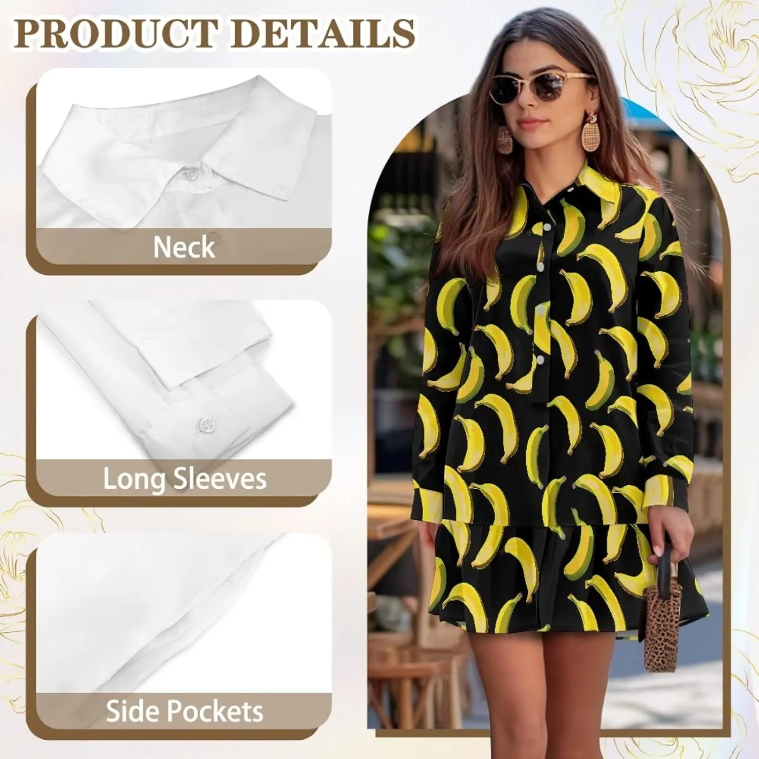 Womens Button Down Shirts Dress V Neck Long Sleeve Mini Dress Ruffle Hem Dress with Pocket