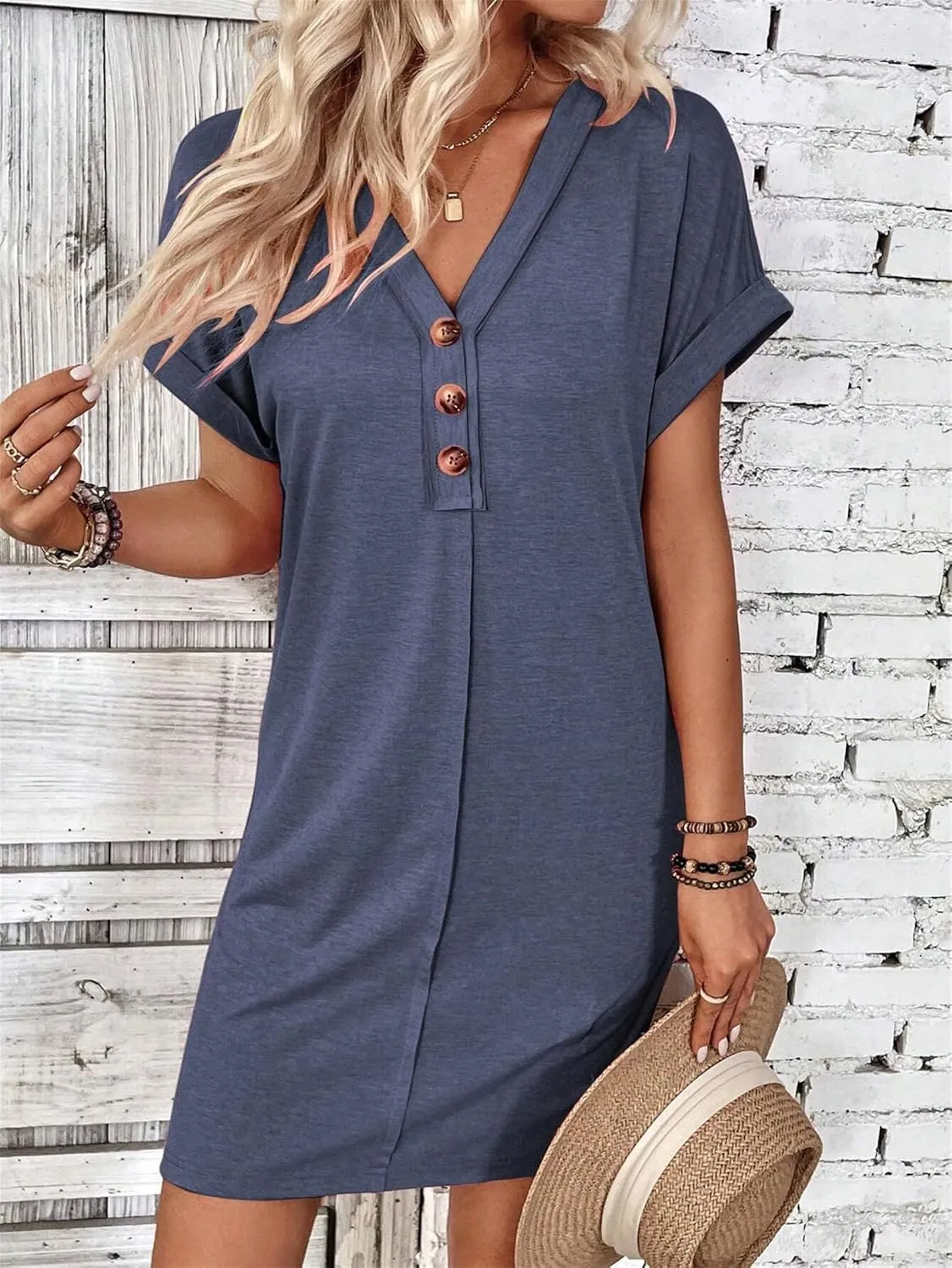 Womens Button Front V Neck Midi Dresses Casual Swing Shirt Sundress Short Sleeve Beach Summer Dress