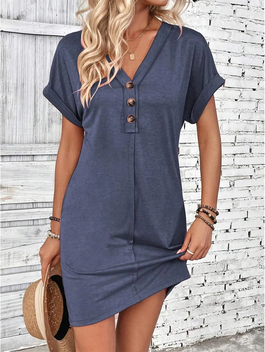 Womens Button Front V Neck Midi Dresses Casual Swing Shirt Sundress Short Sleeve Beach Summer Dress