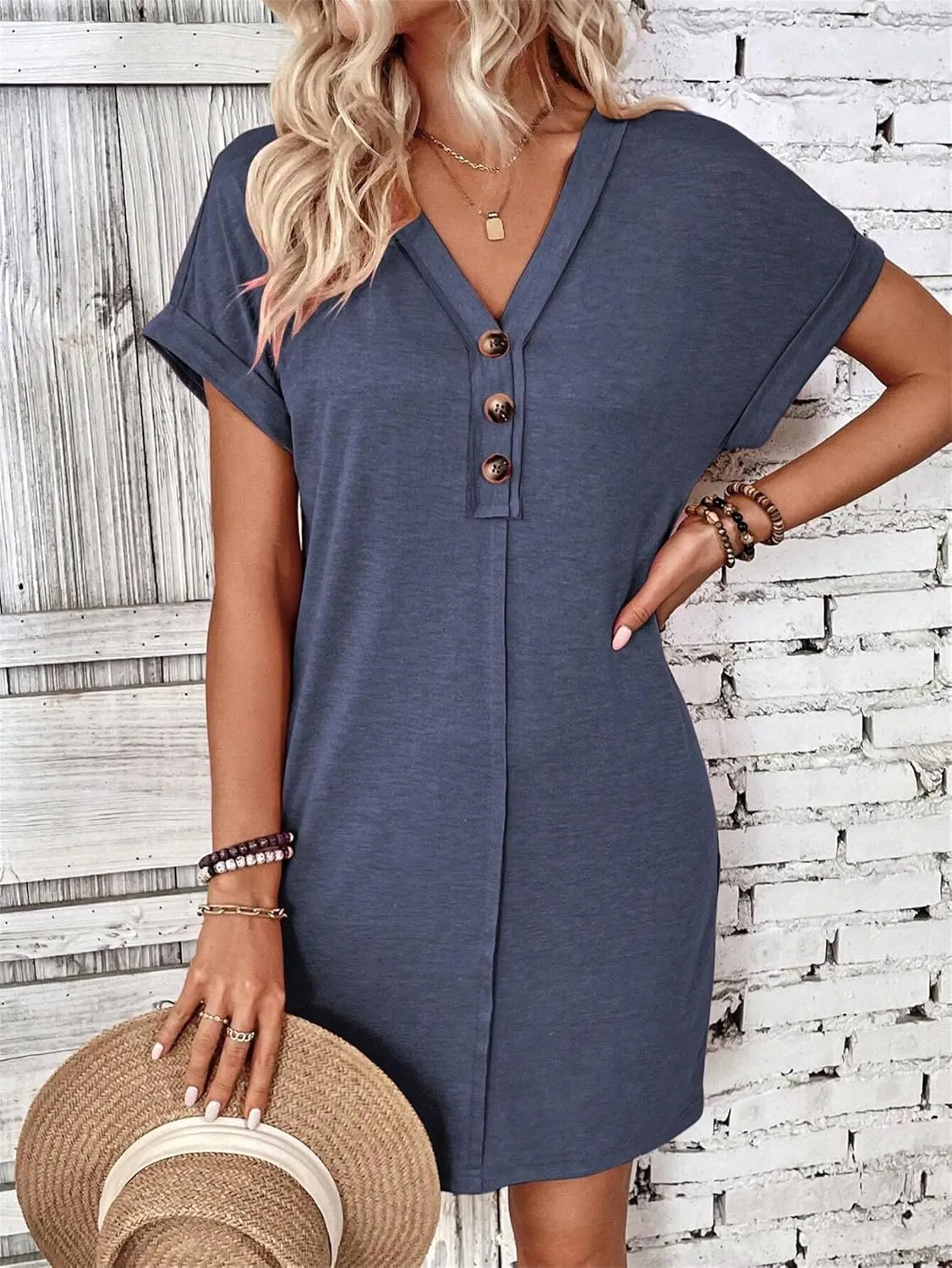 Womens Button Front V Neck Midi Dresses Casual Swing Shirt Sundress Short Sleeve Beach Summer Dress