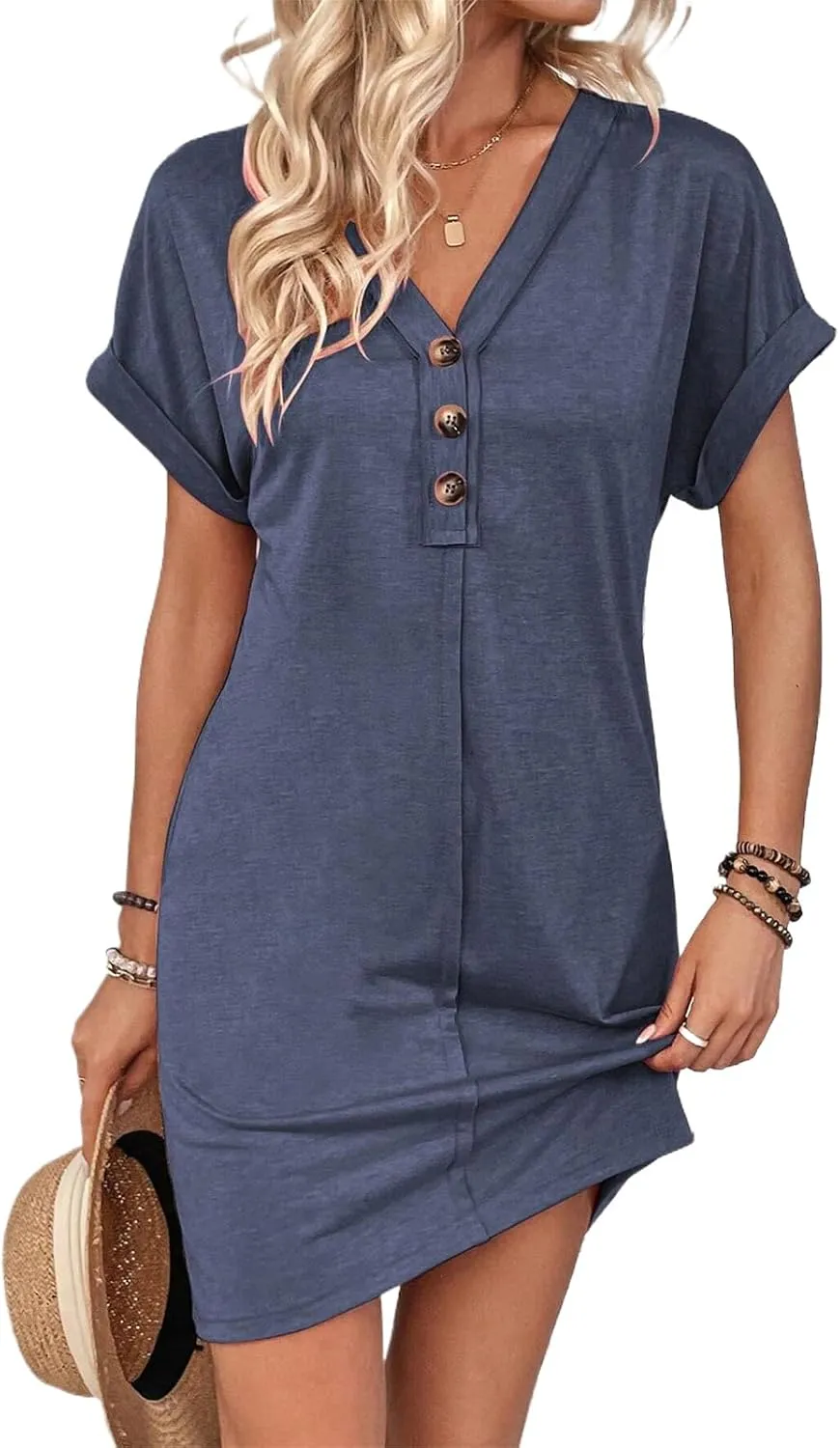Womens Button Front V Neck Midi Dresses Casual Swing Shirt Sundress Short Sleeve Beach Summer Dress