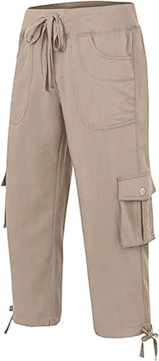 Womens Cargo Pants Casual Y2K Capris Drawstring Waist Travel Gym Hiking Pants Baggy Trendy Multiple Pockets Trousers