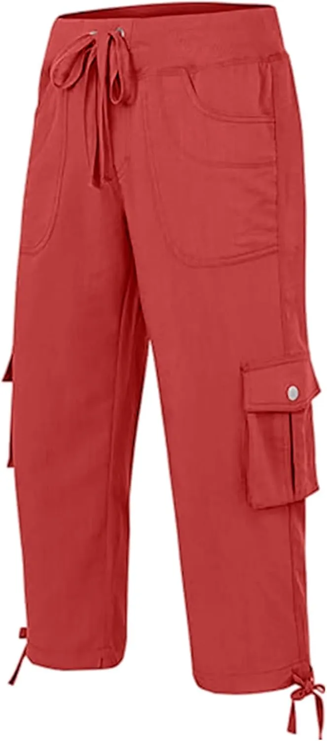 Womens Cargo Pants Casual Y2K Capris Drawstring Waist Travel Gym Hiking Pants Baggy Trendy Multiple Pockets Trousers