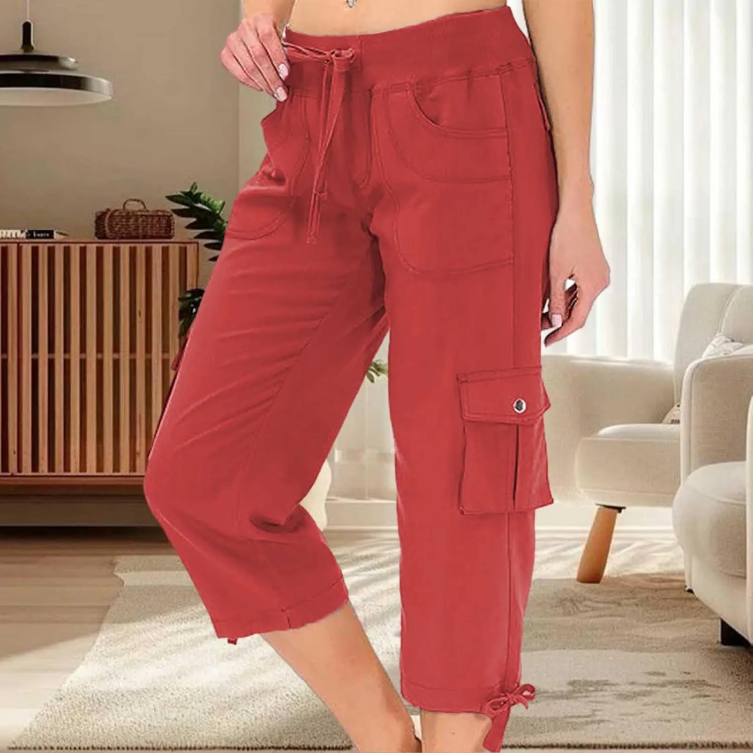 Womens Cargo Pants Casual Y2K Capris Drawstring Waist Travel Gym Hiking Pants Baggy Trendy Multiple Pockets Trousers