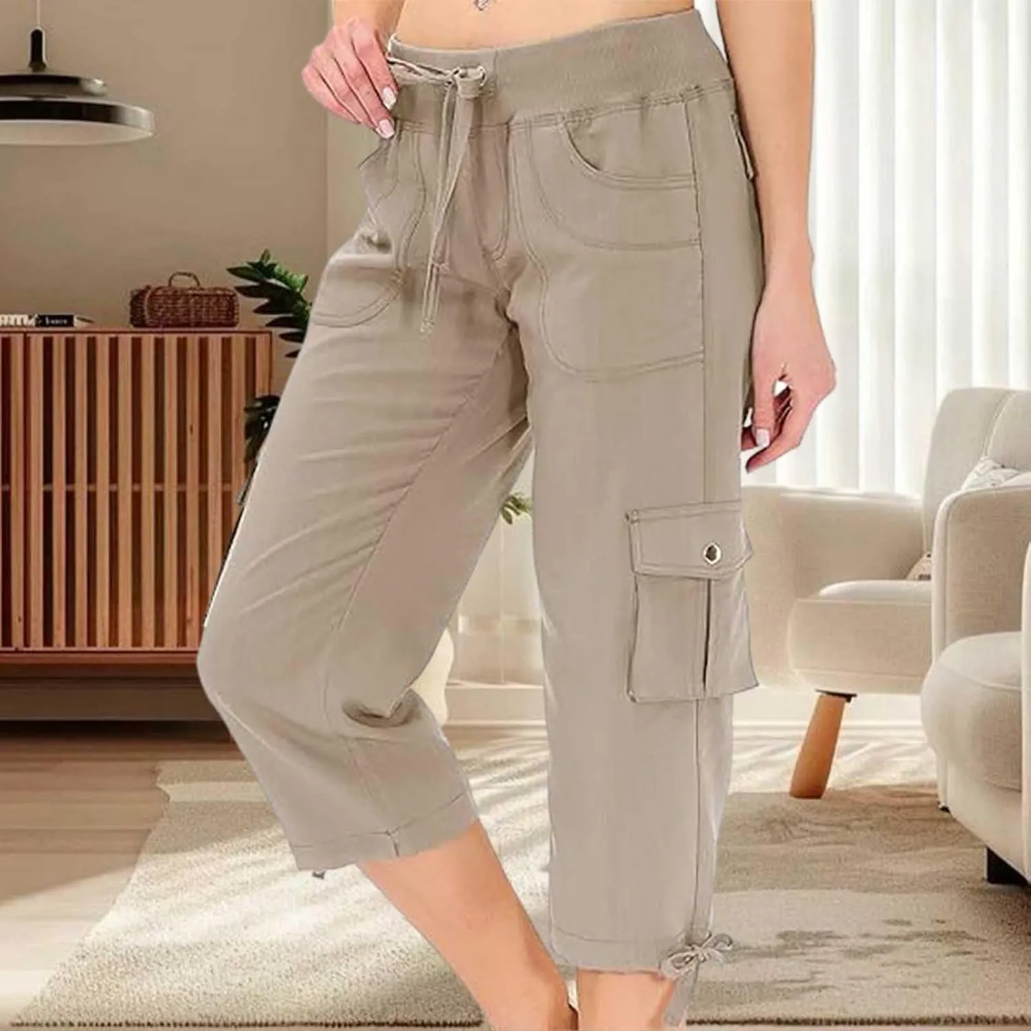 Womens Cargo Pants Casual Y2K Capris Drawstring Waist Travel Gym Hiking Pants Baggy Trendy Multiple Pockets Trousers