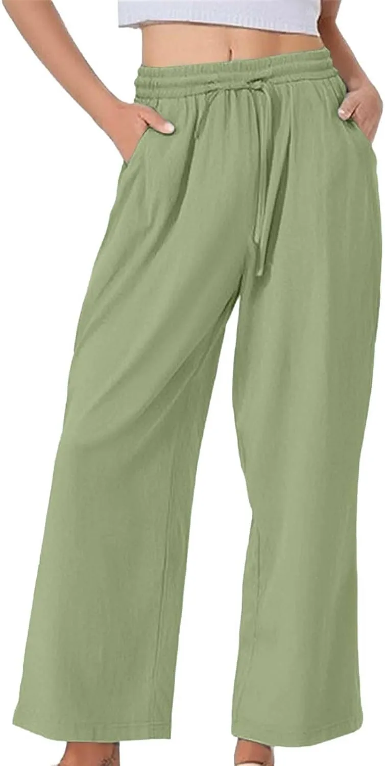 Womens Casual Cotton Linen Pants 2025 Drawstring Elastic Waist Solid Plus Size Lounge Long Trousers with Pockets