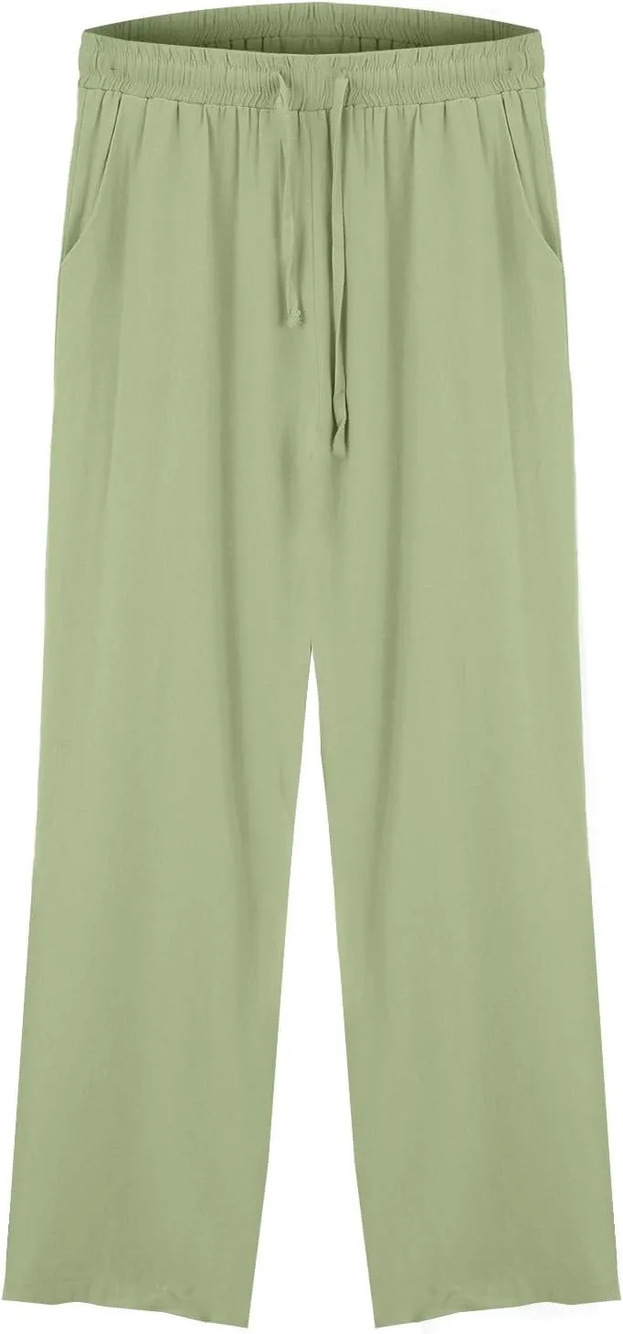 Womens Casual Cotton Linen Pants 2025 Drawstring Elastic Waist Solid Plus Size Lounge Long Trousers with Pockets