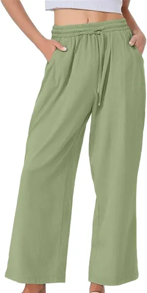 Womens Casual Cotton Linen Pants 2025 Drawstring Elastic Waist Solid Plus Size Lounge Long Trousers with Pockets
