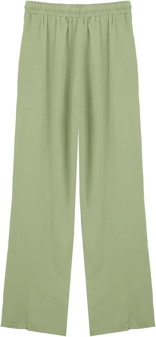 Womens Casual Cotton Linen Pants 2025 Drawstring Elastic Waist Solid Plus Size Lounge Long Trousers with Pockets