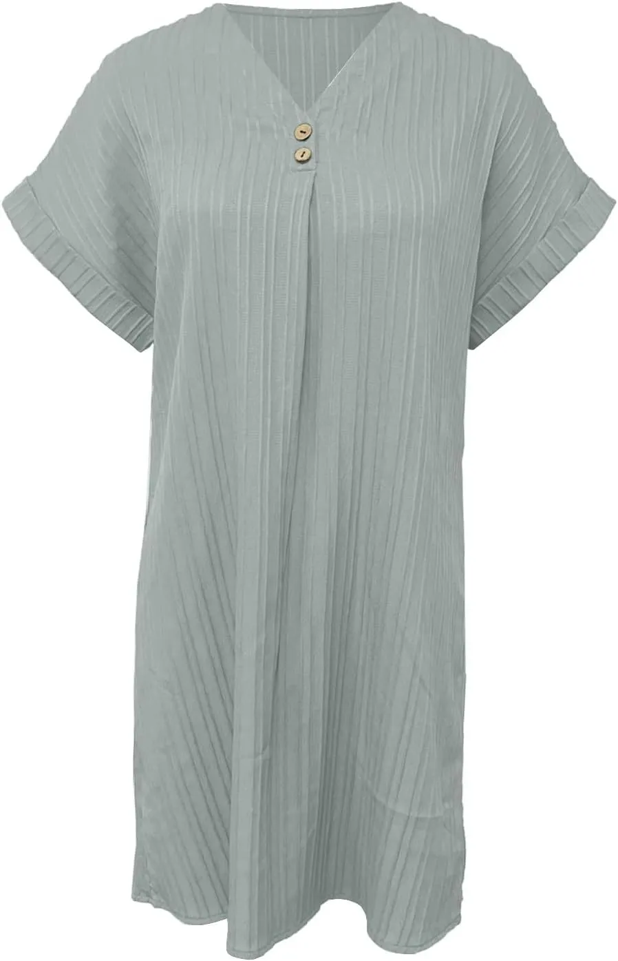 Womens Casual Shirt Dress Cap Sleeve Solid Color Button V Neck Shift Summer Dresses with Pockets
