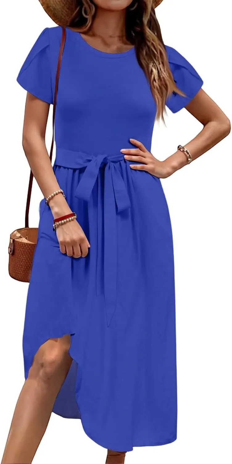 Womens Casual Summer Round Neck Midi Long Dresses Short Sleeve Simple Solid Color Beach Dress