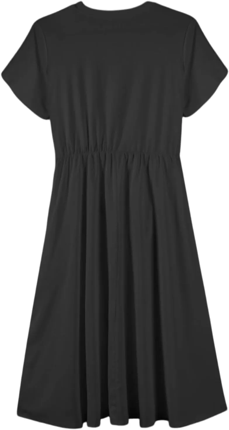 Womens Casual Summer Round Neck Midi Long Dresses Short Sleeve Simple Solid Color Beach Dress