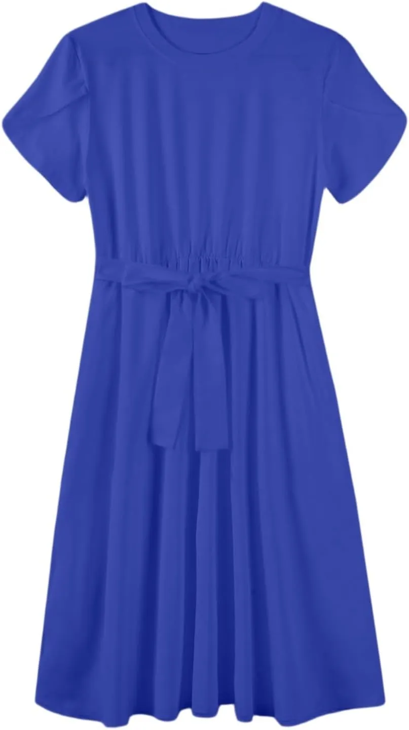 Womens Casual Summer Round Neck Midi Long Dresses Short Sleeve Simple Solid Color Beach Dress