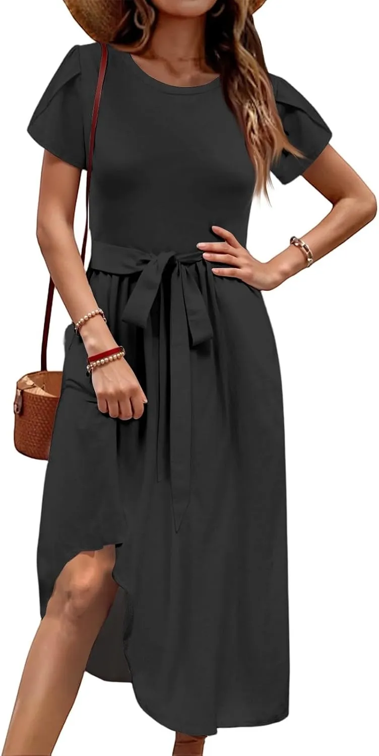 Womens Casual Summer Round Neck Midi Long Dresses Short Sleeve Simple Solid Color Beach Dress