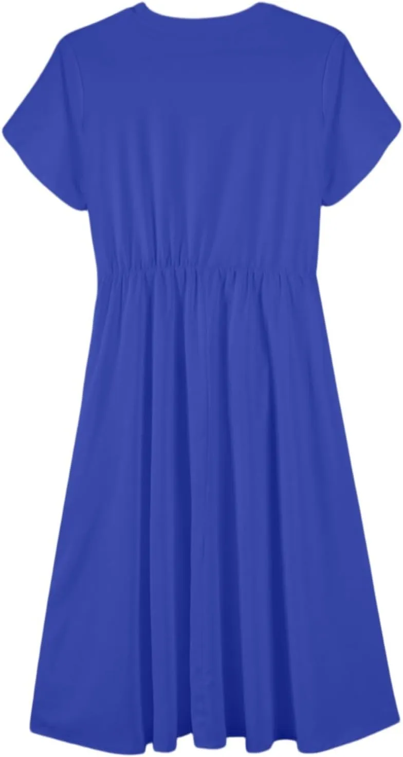 Womens Casual Summer Round Neck Midi Long Dresses Short Sleeve Simple Solid Color Beach Dress
