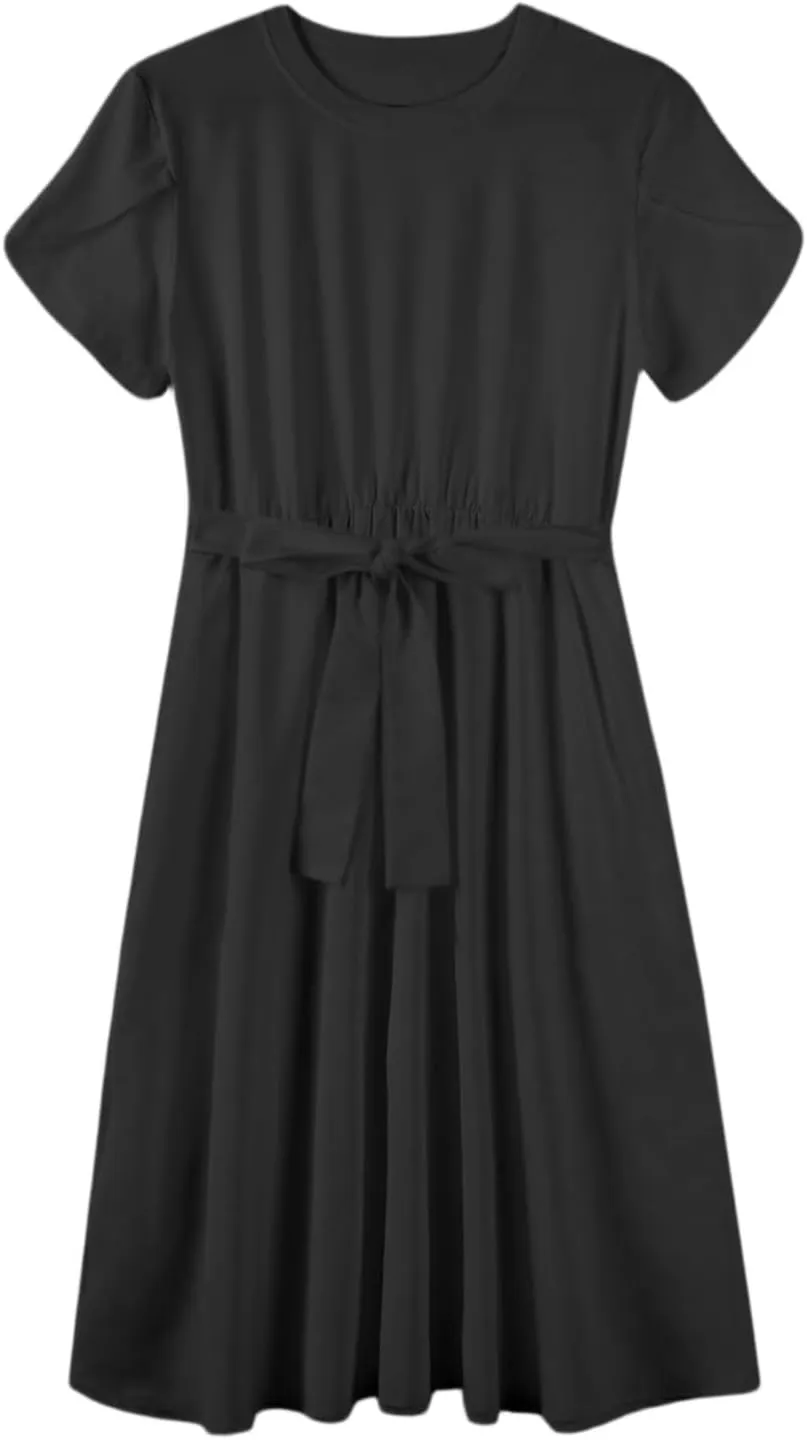 Womens Casual Summer Round Neck Midi Long Dresses Short Sleeve Simple Solid Color Beach Dress
