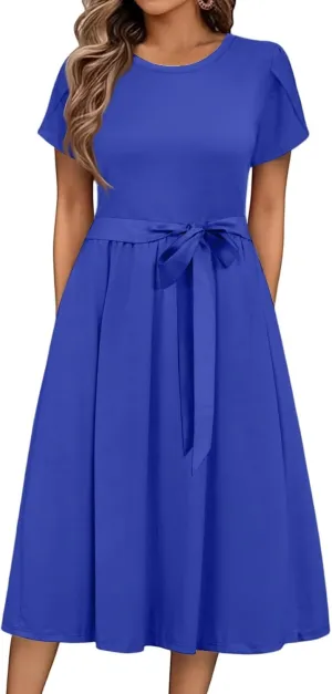 Womens Casual Summer Round Neck Midi Long Dresses Short Sleeve Simple Solid Color Beach Dress