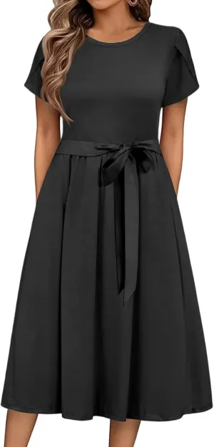 Womens Casual Summer Round Neck Midi Long Dresses Short Sleeve Simple Solid Color Beach Dress