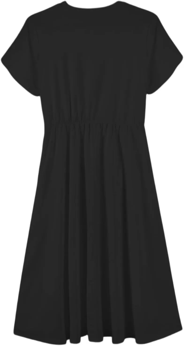 Womens Casual Summer Round Neck Midi Long Dresses Short Sleeve Simple Solid Color Beach Dress