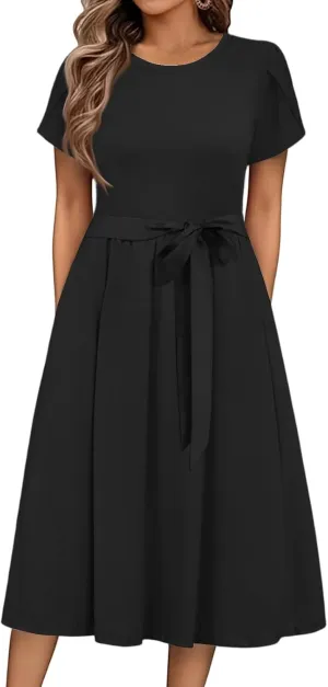 Womens Casual Summer Round Neck Midi Long Dresses Short Sleeve Simple Solid Color Beach Dress