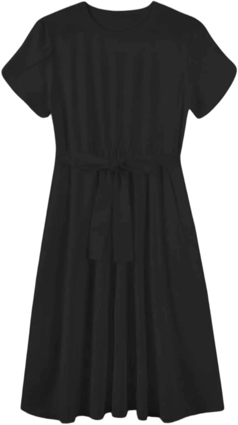 Womens Casual Summer Round Neck Midi Long Dresses Short Sleeve Simple Solid Color Beach Dress
