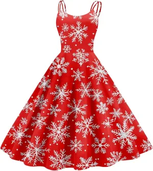 Women's Christmas Dress 1950S Retro Sleeveless Spaghetti Strap Party Dress 2024 Trendy Swing A-Line Flare Dresses