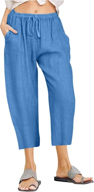 Women's Cotton Linen Capri Pants Lightweight Comfy Elastic High Waist Palazzo Pant 2025 Ladies Cropped Trousers