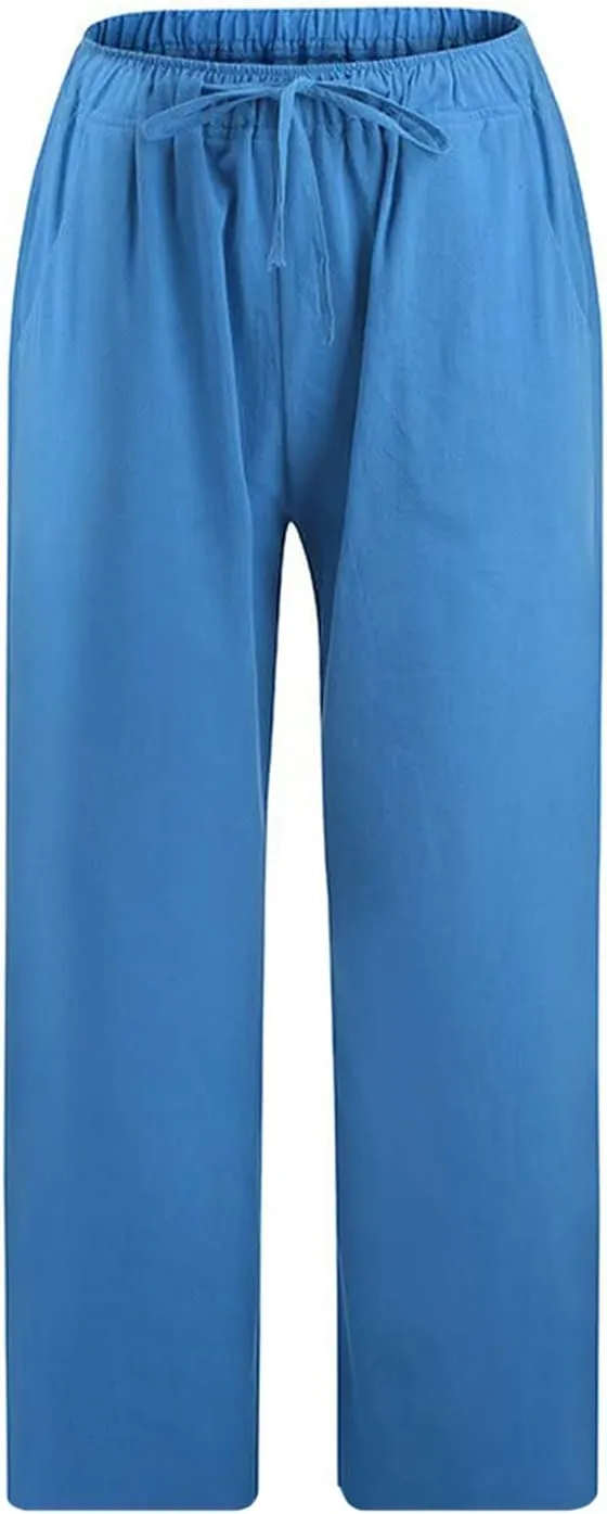 Women's Cotton Linen Capri Pants Lightweight Comfy Elastic High Waist Palazzo Pant 2025 Ladies Cropped Trousers