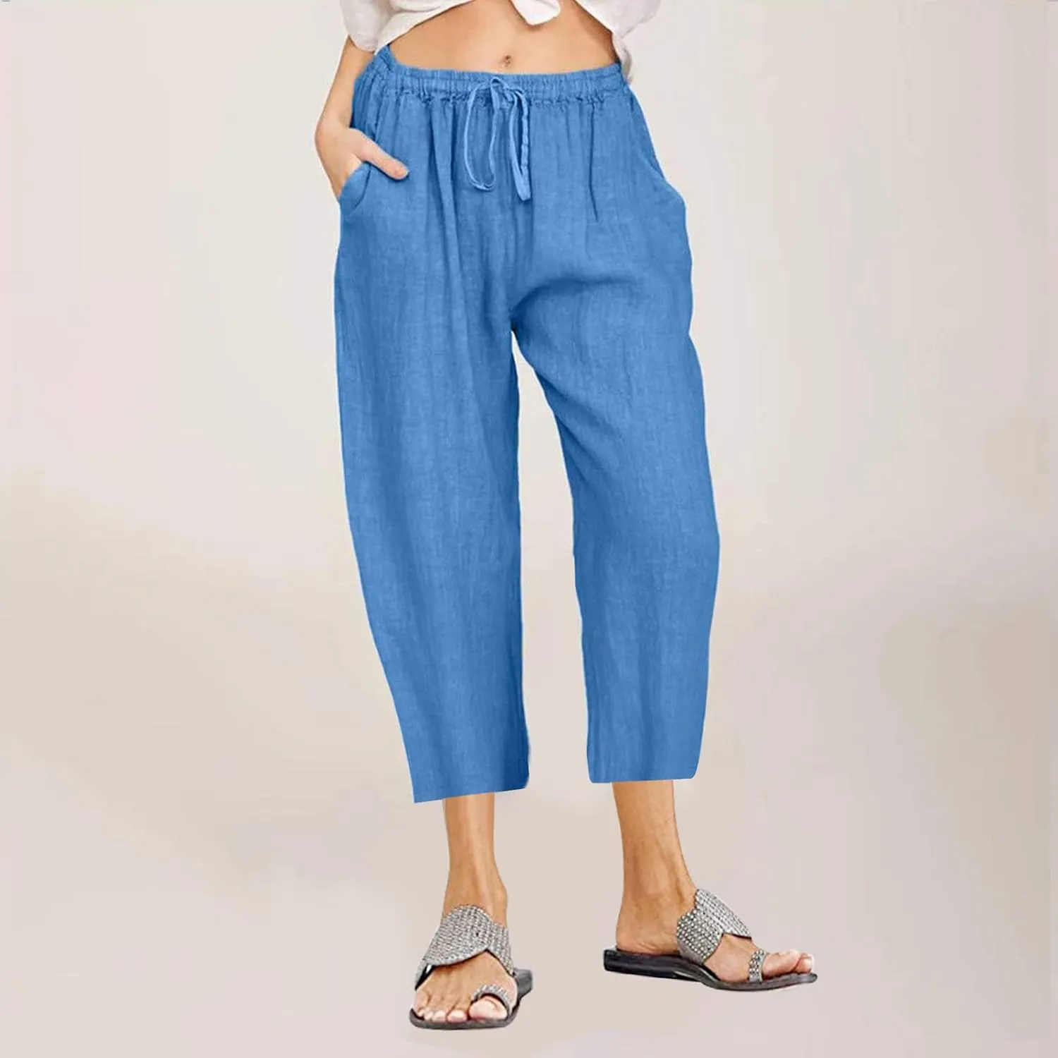 Women's Cotton Linen Capri Pants Lightweight Comfy Elastic High Waist Palazzo Pant 2025 Ladies Cropped Trousers