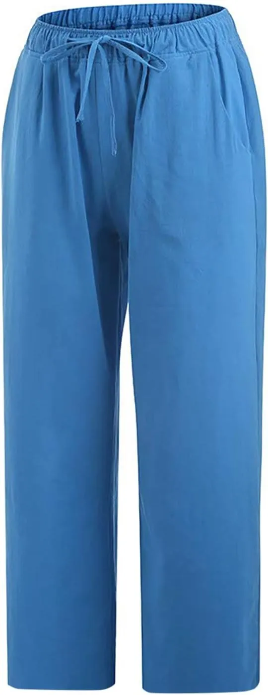 Women's Cotton Linen Capri Pants Lightweight Comfy Elastic High Waist Palazzo Pant 2025 Ladies Cropped Trousers