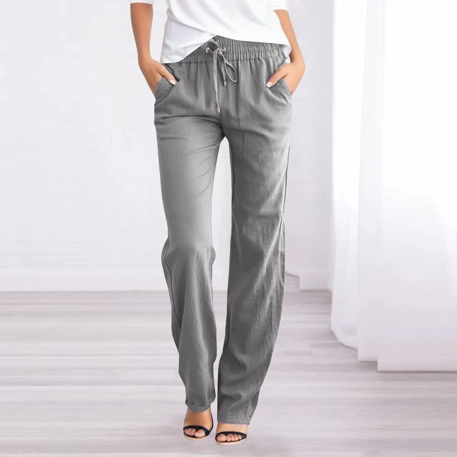 Womens Cotton Linen Casual Pants Straight Leg Drawstring Elastic High Waist Loose Comfy Palazzo Trousers with Pockets