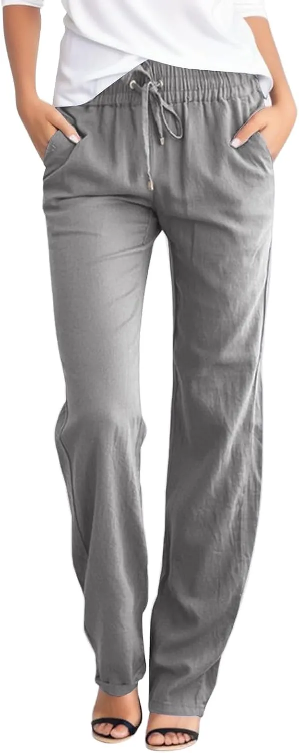 Womens Cotton Linen Casual Pants Straight Leg Drawstring Elastic High Waist Loose Comfy Palazzo Trousers with Pockets