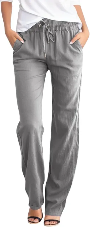 Womens Cotton Linen Casual Pants Straight Leg Drawstring Elastic High Waist Loose Comfy Palazzo Trousers with Pockets