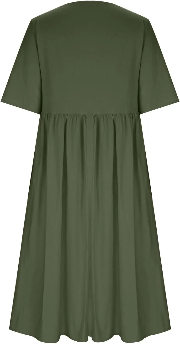 Women's Cotton Linen Short Sleeve Tshirt Dress Dandelion Print Casual Plus Size Midi Dresses Beach Dress with Pockets