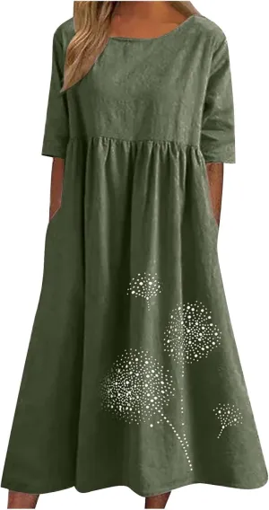Women's Cotton Linen Short Sleeve Tshirt Dress Dandelion Print Casual Plus Size Midi Dresses Beach Dress with Pockets