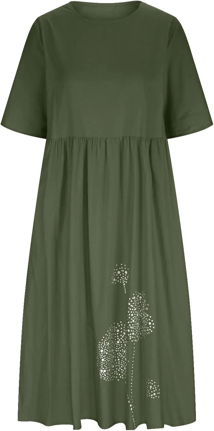 Women's Cotton Linen Short Sleeve Tshirt Dress Dandelion Print Casual Plus Size Midi Dresses Beach Dress with Pockets