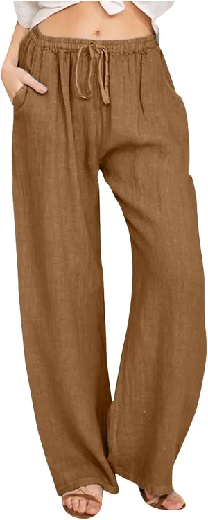 Women's Cotton Linen Summer Floral Palazzo Pants Low Waist Lounge Pants Slim-Fit Trouser Trendy
