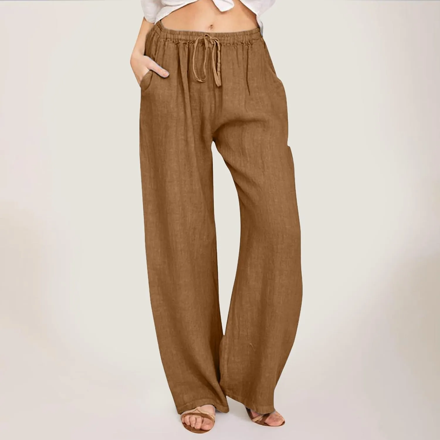 Women's Cotton Linen Summer Floral Palazzo Pants Low Waist Lounge Pants Slim-Fit Trouser Trendy