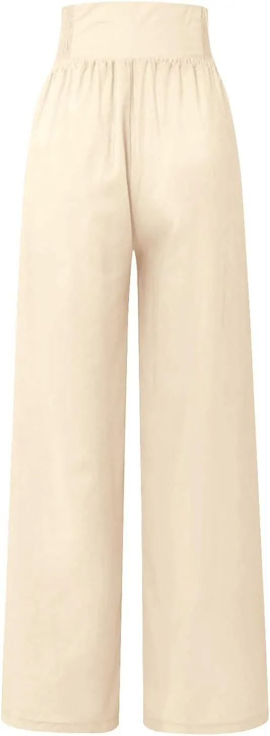 Womens Cotton Linen Summer Print Palazzo Lounge Pants Elastic Waist Lounge Pants Loose Fit Pants Work Business