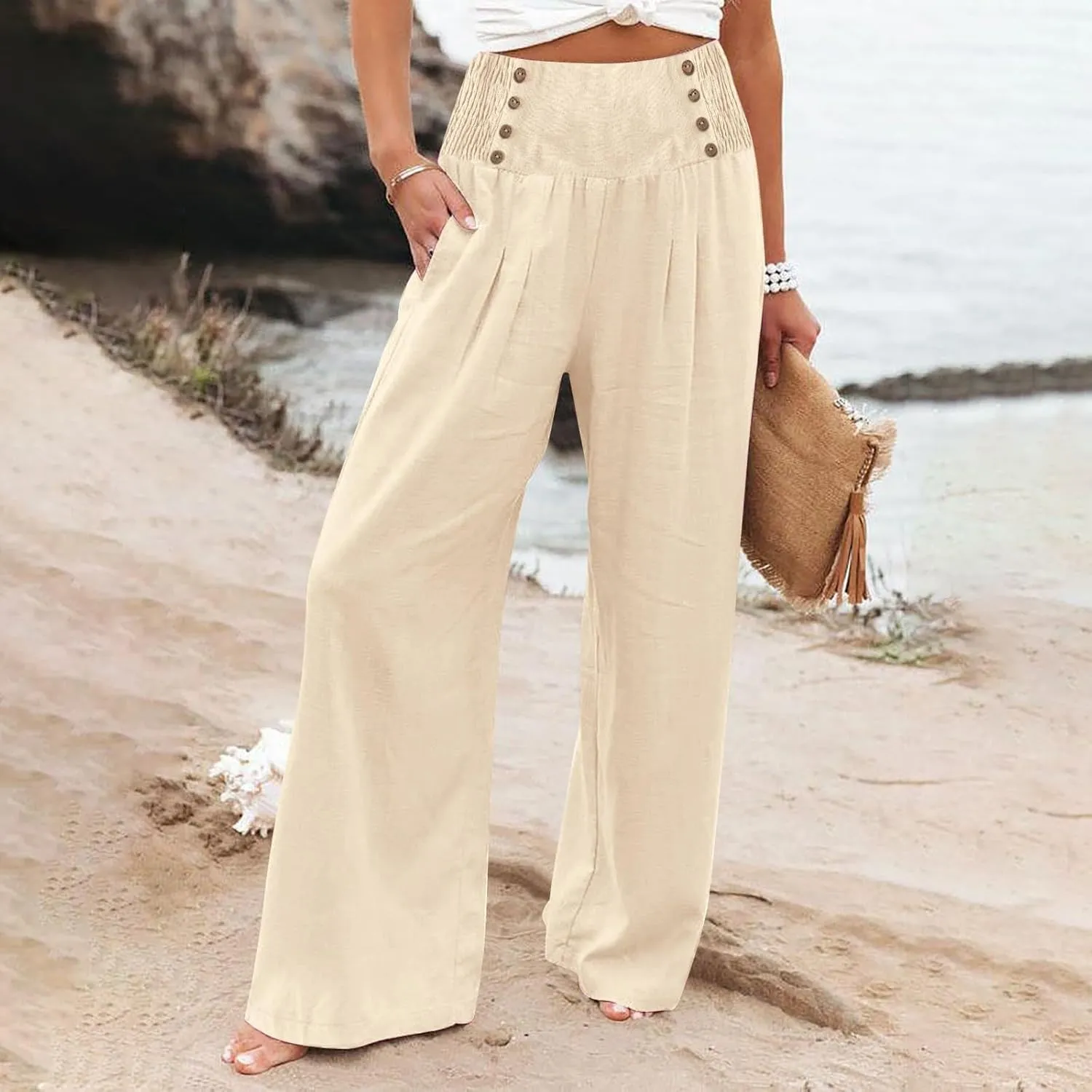 Womens Cotton Linen Summer Print Palazzo Lounge Pants Elastic Waist Lounge Pants Loose Fit Pants Work Business