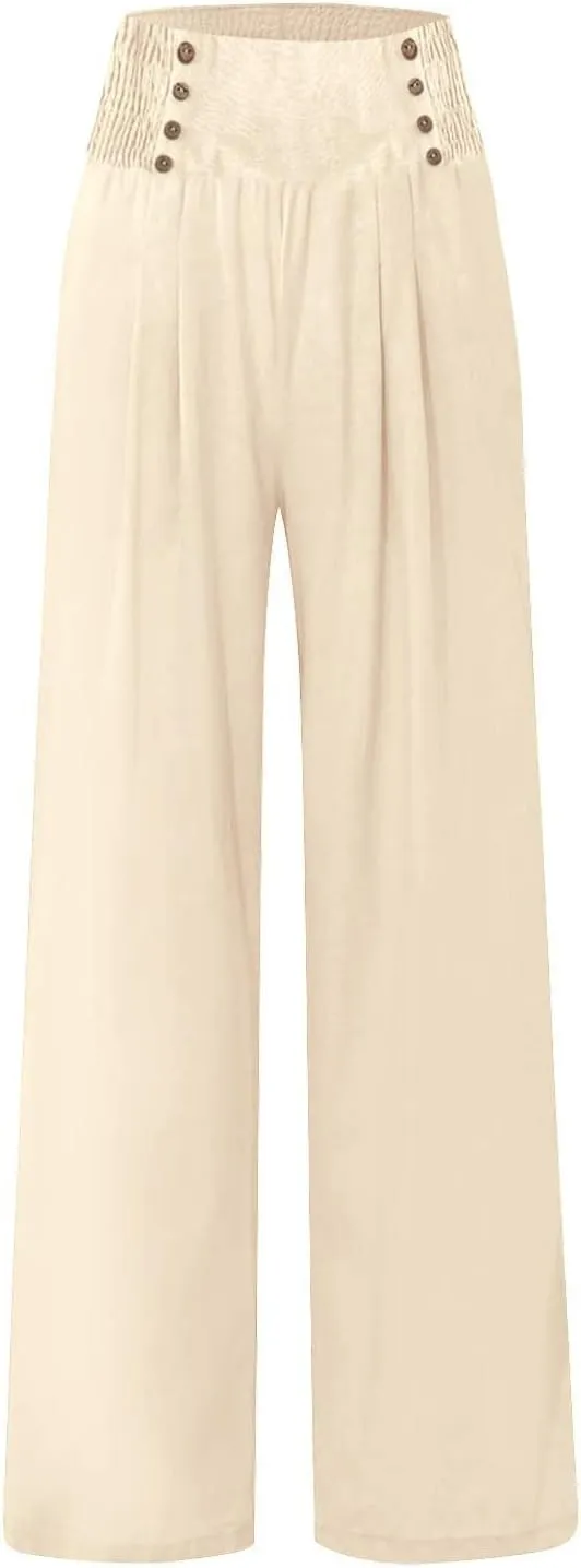 Womens Cotton Linen Summer Print Palazzo Lounge Pants Elastic Waist Lounge Pants Loose Fit Pants Work Business