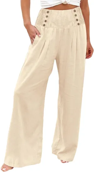 Womens Cotton Linen Summer Print Palazzo Lounge Pants Elastic Waist Lounge Pants Loose Fit Pants Work Business