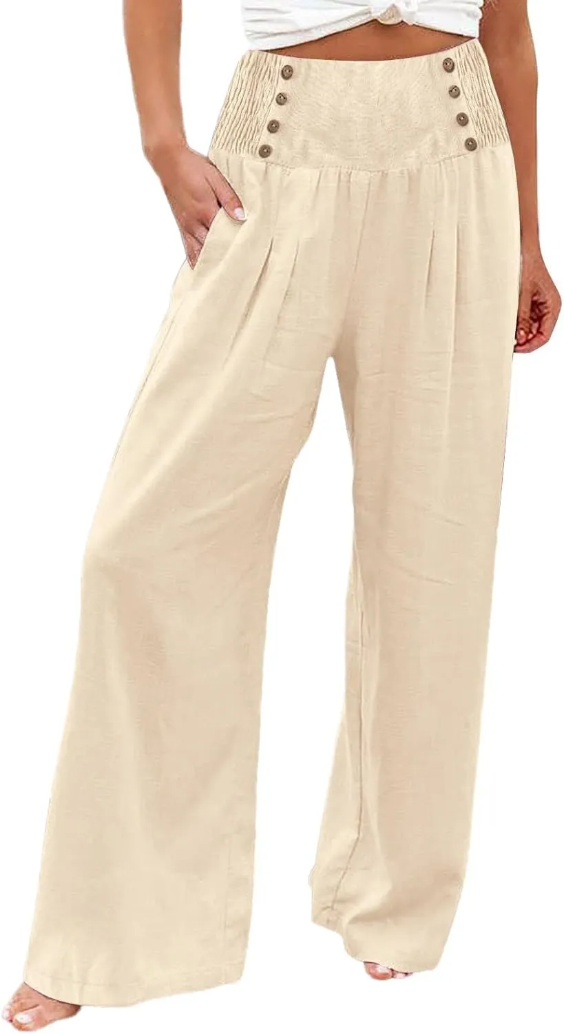 Womens Cotton Linen Summer Print Palazzo Lounge Pants Elastic Waist Lounge Pants Loose Fit Pants Work Business