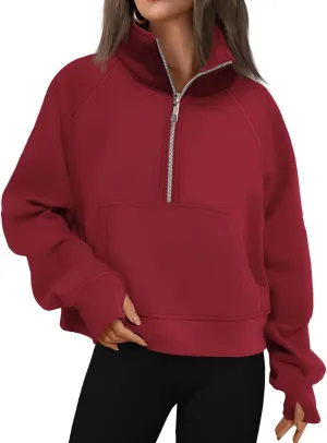 Womens Cropped Hoodies Oversized Quarter Zip Pullover Fleece Long Sleeve Fall Outfits Clothes Thumb Hole