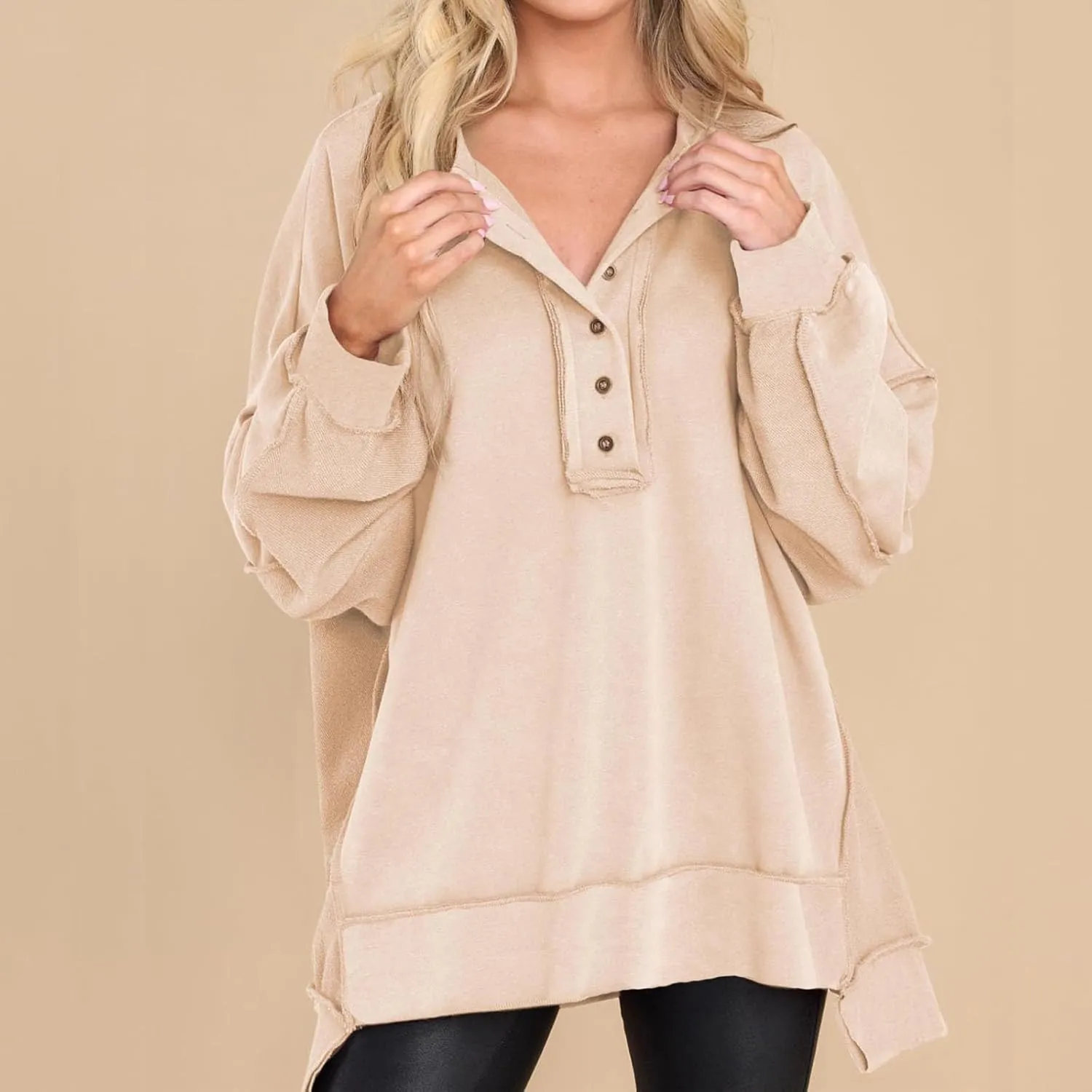 Womens Cute Oversized Sweatshirts Trendy 2024 Fall Sweatshirt Button Henley Neck Pullover Tops Casual Clothing