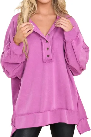 Womens Cute Oversized Sweatshirts Trendy 2024 Fall Sweatshirt Button Henley Neck Pullover Tops Casual Clothing