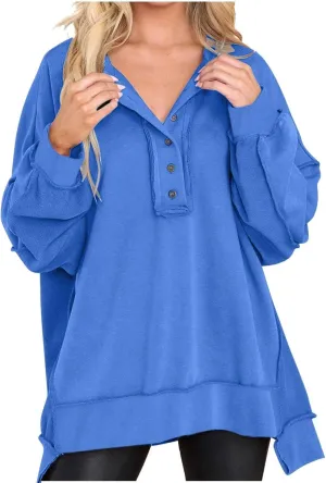 Womens Cute Oversized Sweatshirts Trendy 2024 Fall Sweatshirt Button Henley Neck Pullover Tops Casual Clothing