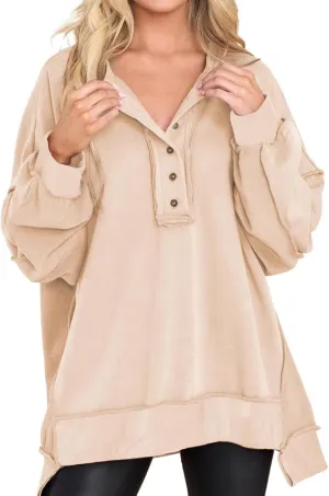 Womens Cute Oversized Sweatshirts Trendy 2024 Fall Sweatshirt Button Henley Neck Pullover Tops Casual Clothing