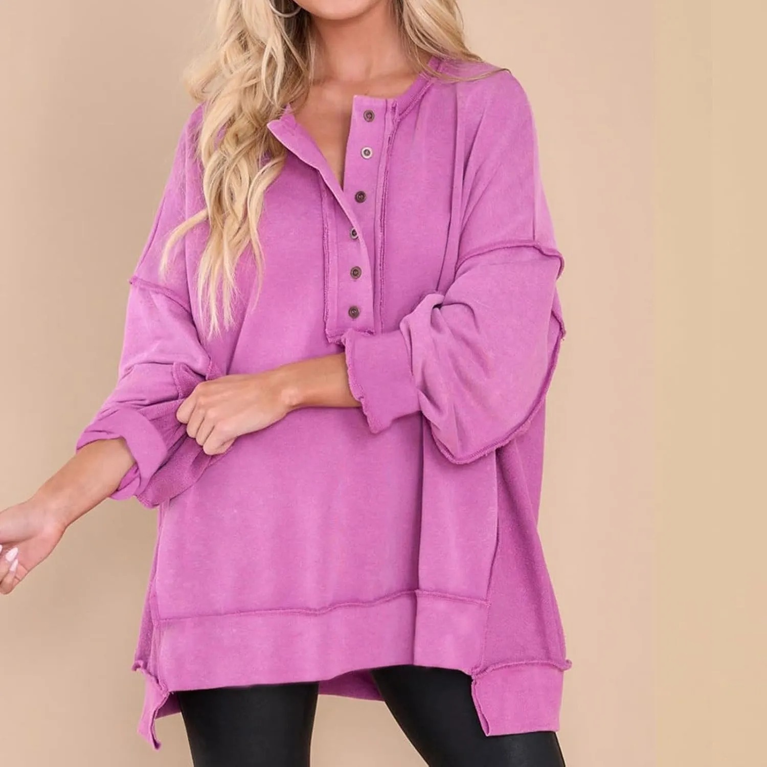 Womens Cute Oversized Sweatshirts Trendy 2024 Fall Sweatshirt Button Henley Neck Pullover Tops Casual Clothing