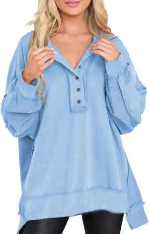 Womens Cute Oversized Sweatshirts Trendy 2024 Fall Sweatshirt Button Henley Neck Pullover Tops Casual Clothing